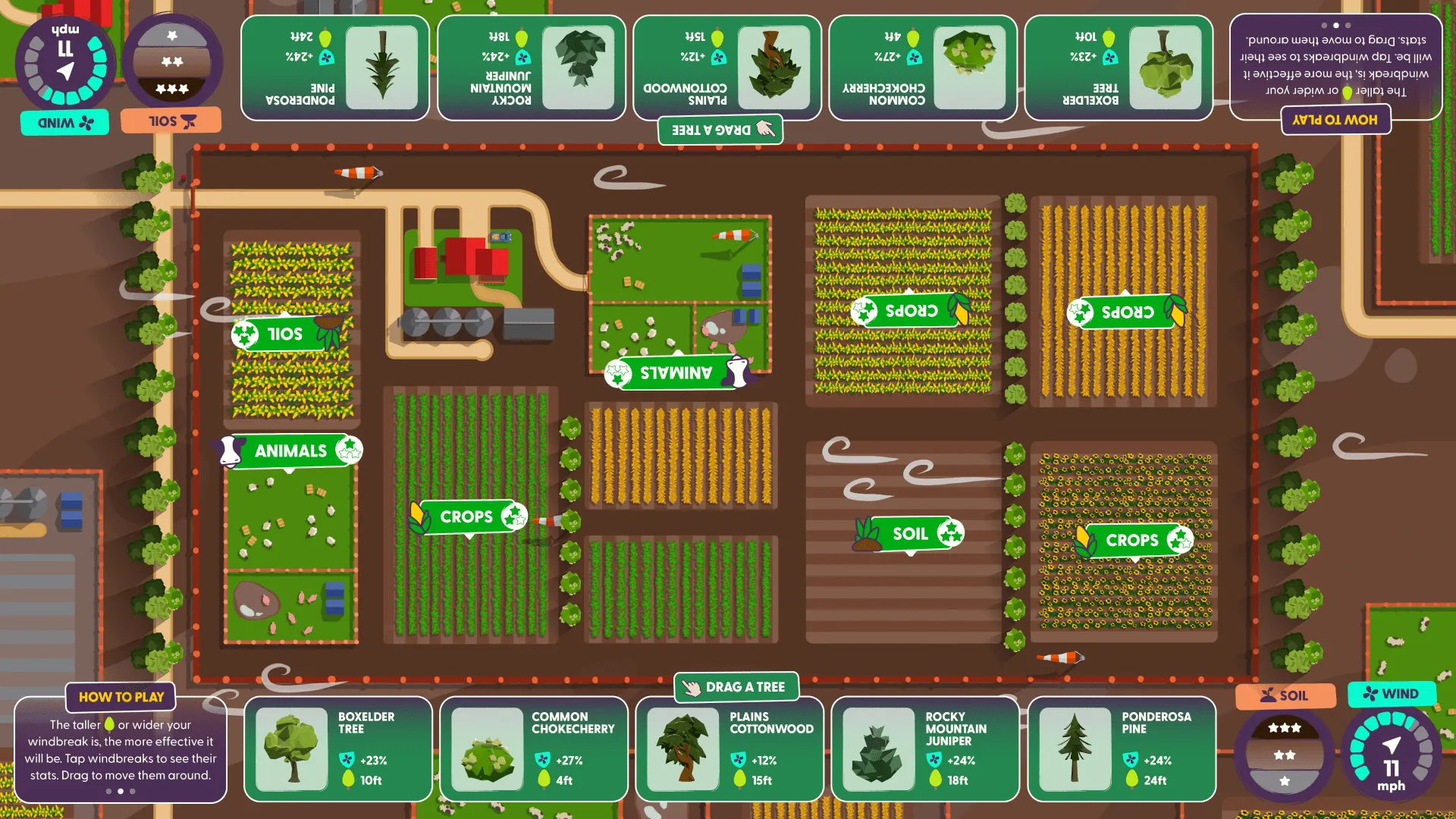 A screenshot from the hands-on exhibit, Trees Against the Wind. Showing the farm crops that need to be sheltered from the wind.